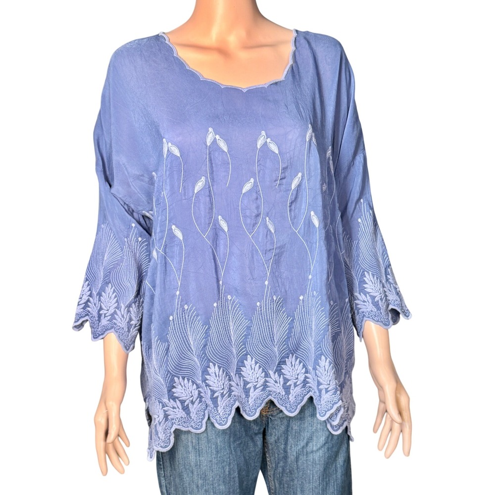 Johnny Was Periwinkle Blue Embroidered Cupra Rayon Blouse C11921-6 Small